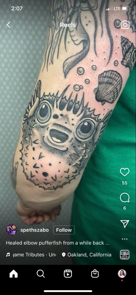 Pufferfish Elbow Tattoo, Aquarium Tattoo Sleeve, Ocean Elbow Tattoo, Cuddlefish Tattoos, Ocean Knee Tattoo, Ocean Chest Tattoo, Sea Anemone Tattoo, Pufferfish Tattoo, Puffer Fish Tattoo