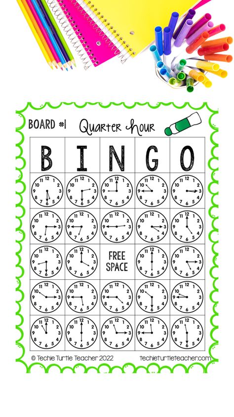 Telling Time to the Quarter Hour Bingo Telling Time To The Quarter Hour, Clock Teaching Ideas, Math Bingo 2nd Grade, Time Telling Activities, Teaching Time 2nd Grade, Clock Activities For Kids, Telling The Time Activities, Clock Learning For Kids, Clock Activities