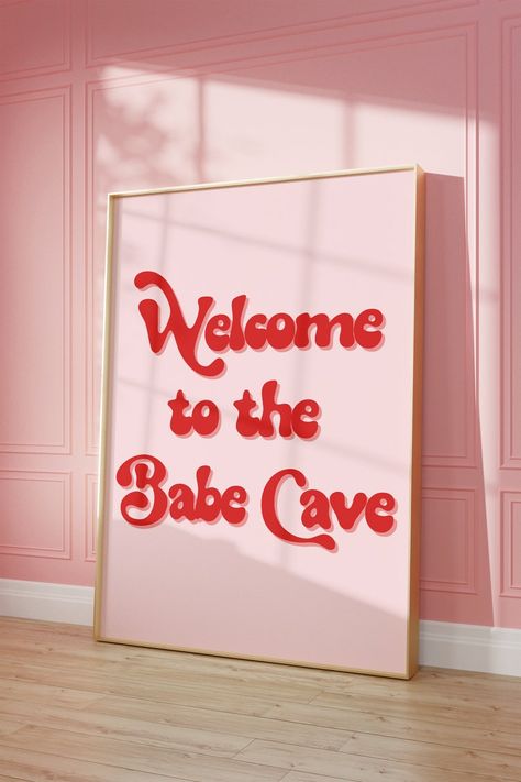 Welcome to the Babe Cave Wall Art, Pink and Red Retro Typography Art Downloadable, Girly Preppy Dorm Art, Funny Wall Art Wooden Paneling, Panelling Design, Girly Preppy, Girl Cave, Girly Apartments, Girly Apartment Decor, College House, Western Bedroom, Babe Cave