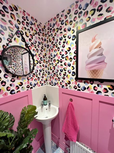 Cheetah Print Painted Wall, Pink Leopard Bathroom, Pink Panelling And Wallpaper, Diy Leopard Print Wall, Small Bathroom Remodel Wallpaper, Maximalist Downstairs Toilet, Rainbow Leopard Print Wallpaper, Small Bathroom Bold Wallpaper, Lisa Frank Bathroom