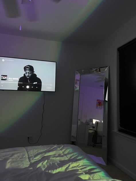 room inspo | sunset lamp | full body mirror | Brent Faiyaz Room Ideas With Tv On Wall, Led Mirror Aesthetic, Mirror On Roof Bedroom, Room Mirror Pics, Mirror In Front Of Bed Aesthetic, Led Lights Bedroom Tv, Full Body Mirror Aesthetic, Led Lights On Bed Frame Aesthetic, Comfy Bed Led Lights