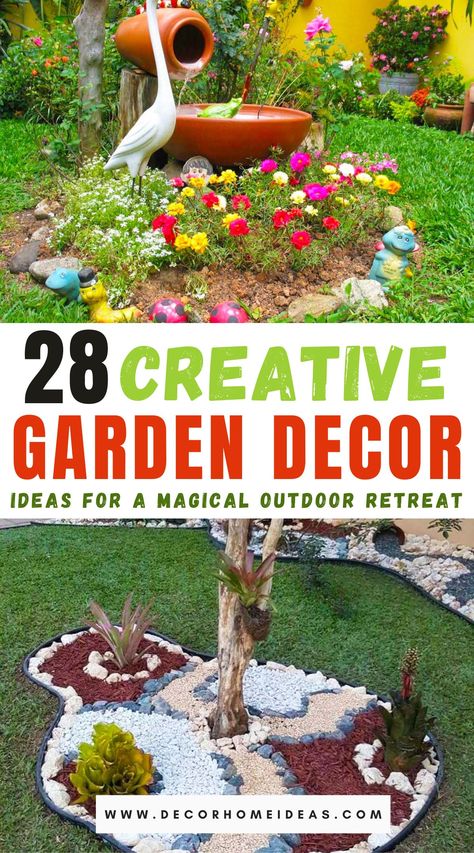 best clever garden decorations ideas Unique Landscape Ideas, Gnome Yard Decor, Whimsical Yard Ideas, Diy Garden Sculpture Ideas, Quirky Garden Ideas, Landscaping In Front Of House, Ivy Fence, Whimsical Garden Ideas, Flower Beds Ideas