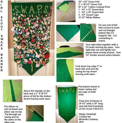 Girl Scout S.W.A.P.S. Banner.  Holds hundreds of swaps!  29 1/2 inches wide and 59" long. Ahg Swaps Ideas, Ahg Swaps, Swaps Ideas, Girl Scout Daisy Activities, Girl Scout Swaps, Gs Swaps, Scout Swaps, Daisy Troop, Brownie Scouts