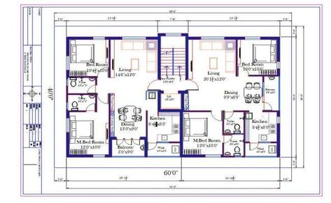 60X40 Ft Apartment 2 BHK House Furniture Layout Plan AutoCAD Drawing 60x40 House Plans 4 Bedroom, 60x40 House Plans, 40×60 House Plans, 2 Bhk House Plan, Furniture Layout Plan, Floor Plan With Dimensions, 2bhk House Plan, Apartment Floor, Indian House Plans