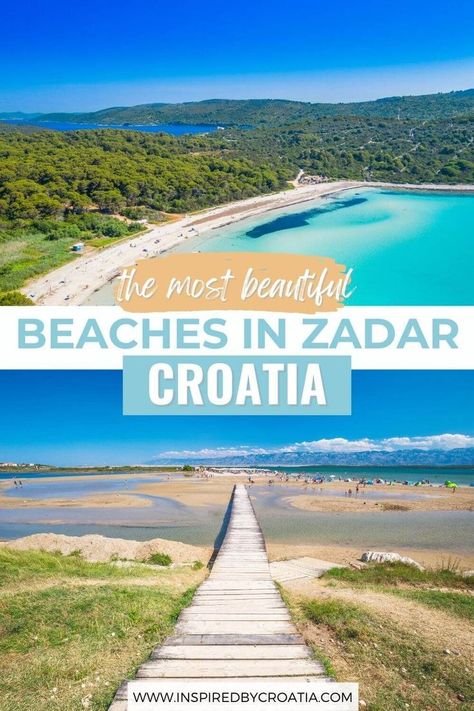 Pictured in this pin are two photos. The top photo shows the stunning sandy beach of Sakarun, located near Zadar. The bottom photo shows one of the most famous beaches in Croatia "Queen's Beach" in Nin. In this guide to the best beaches in Zadar, learn where to go for the perfect beach day trip from Zadar. These 10 beaches near Zadar are not to be missed! Pasjaca Beach, Croatia Bucket List, Croatia Beaches, Montenegro Travel, Zadar Croatia, Travel Croatia, Croatia Travel Guide, Croatia Dubrovnik, Croatia Beach