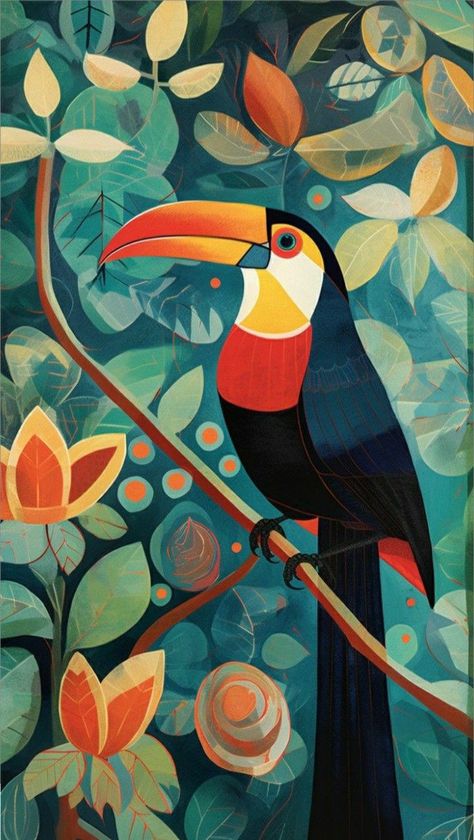 Toucan Art, Bird Sitting, Posca Art, Art Gallery Wallpaper, Bird Drawings, Mini Canvas Art, Mexican Art, Tree Branch, Diy Canvas Art