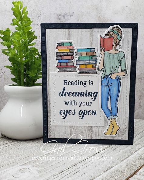 Cards With Books On Them, Book Themed Cards, Book Cards Ideas, Library Girl, Tall Tale, Heart Ideas, Girl Reading Book, Guy Cards, Daughter Birthday Cards