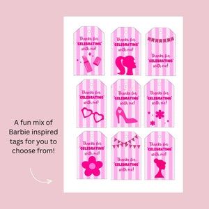 Step into a world of glamour and fun with our chic 'Thanks for Celebrating with Me!' Barbie-themed party favor tags. Designed to add a touch of Barbie magic to your special occasion, these printable tags are perfect for thanking guests at Barbie-themed birthday parties, doll-inspired celebrations, or any event where a sprinkle of pink is in order! #barbieparty #partytag #favortag #partyfavor Printable Barbie, Thank You Party, Barbie Party, Party Favor Tags, Printable Tags, Themed Party, Favor Tags, Party Favor, Birthday Party Themes