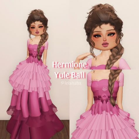 Harry Potter Outfits Casual, Yule Ball Dresses Aesthetic, Hermione Dti Outfit, Yule Ball Outfit Ideas, Harry Potter Dti Outfit, Hermione Granger Dress To Impress, Dti Theme Book Characters, Hermione Granger Pink Dress, Hermione Dress To Impress