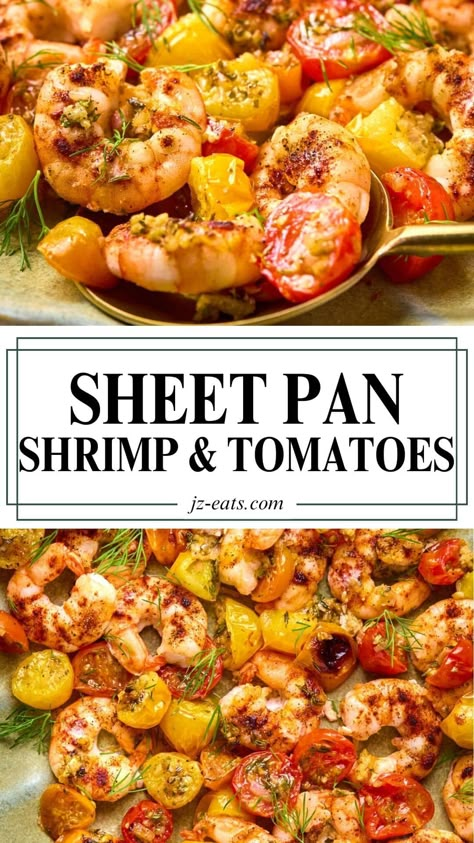 Cooked shrimp and cherry tomatoes on a serving dish with a gold spoon. Trout Fillet Recipes, Easy Dinner Low Carb, Healthy Sheet Pan Recipes, Sheet Pan Meal Prep, Vegetarian Sheet Pan, Easy Crab Cakes, Recipes In Crockpot, Korean Seafood, Homemade Brownie Recipe