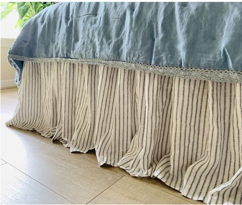 Iron and White Ticking Striped linen bed skirt Iron Grey and | Etsy Linen Bed Skirt, Linen Bedskirt, White Linen Sheets, Linen Bed, Dust Ruffle, Bed Skirt, Dyed Linen, Ticking Stripe, Linen Shop