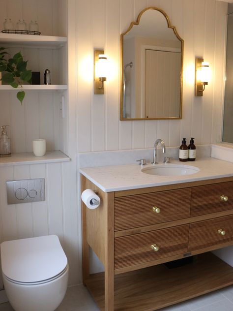 Loft Bathroom Ideas, Oak Vanity Unit, Painted Vanity Bathroom, Bathroom Sink Units, Mid Century Vanity, Green Tile Bathroom, Oak Vanity, Oak Bathroom Vanity, Freestanding Vanity Unit