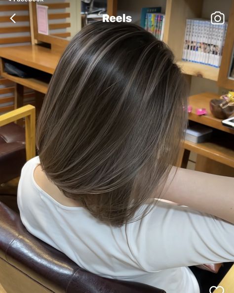 Short Hair Ash Brown Highlights, Short Hair With Ash Highlights, Partial Highlights For Short Dark Hair, Highlights For Black Hair Asian Short, Dark Brown Hair Gray Highlights, Ashgreyhair Highlight, Ash Brown Balayage Bob, Short Hair With Grey Highlights, Babylights Grey Blending