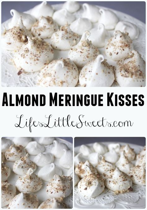 Almond Meringue Kisses.  Get the recipe on LifesLittleSweets.com. Meringue Kisses Recipe, Kisses Cookies, Almond Meringue, Meringue Cookie Recipe, Meringue Desserts, Meringue Kisses, Meringue Recipe, Almond Extract, Tiramisu Recipe