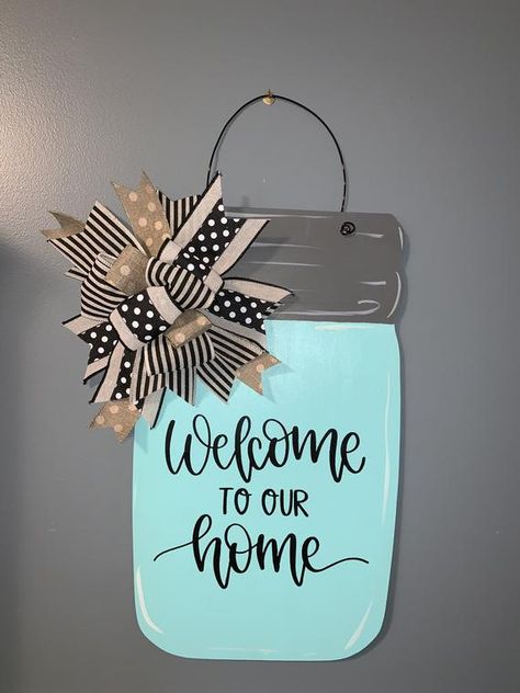 Mason Jar Wreath, Wood Mason Jar Door Hanger, Wooden Mason Jar Door Hanger, Wooden Mason Jar Sign, Wooden Mason Jar Crafts Diy, Wood Mason Jar Crafts, Wooden Mason Jar Crafts, Mason Jar Door Hanger Ideas, Mason Jar Wooden Door Hanger