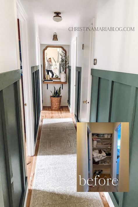 Learn how to makeover a narrow hallway with this DIY remodel from Christina Maria. By adding a board and batten wall and reclaimed wood, you can create a beautiful small space in your own house. Includes before and after pictures.  #christinamaria #hallwayremodel Hallway Before And After, Hallway Remodel, Narrow Hallway Decor, Pictures Hallway, Hallway Makeover, Batten Wall, Narrow Hallway Ideas, Small Hallway Ideas, Blogger Home