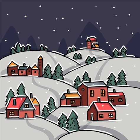 Christmas Town Drawing Easy, Easy Christmas Scenes To Draw, Christmas Town Drawing, Christmas Town Wallpaper, Christmas Scene Drawing, Town Wallpaper, Town Drawing, Village Drawing, House Doodle