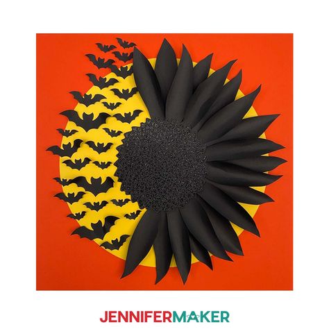 Learn to make a Halloween Paper Flower Canvas with bats in JenniferMaker's tutorial! Paper Flower Canvas, Christmas Day Countdown, Holiday Place Cards, Craft Organization Diy, Paper Flower Wall Art, Christmas Roses, Diy Sharpie Mug, Jennifer Maker, Door Mat Diy