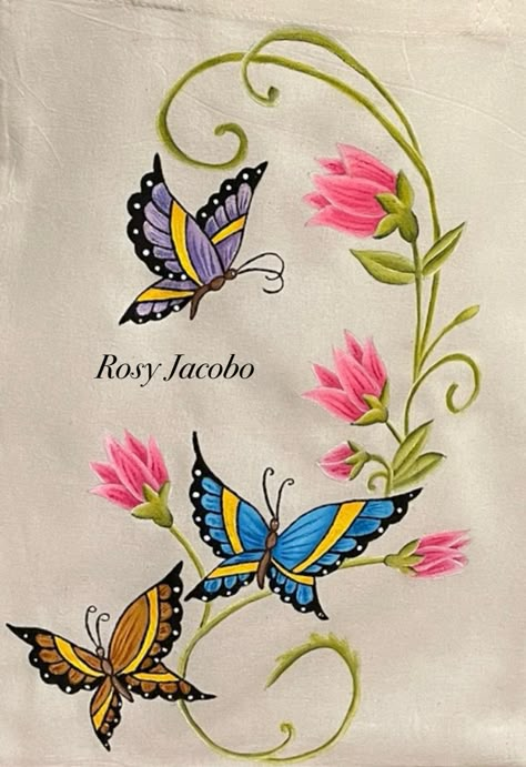 Hand Painted Butterfly On Fabric, Fabric Painting Butterfly Designs, Butterfly Painting On Fabric, Mekhela Chador, Simple Wall Paintings, Painted Canvas Bags, Fabric Colour Painting, Hand Painted Purses, Butterfly Sketch