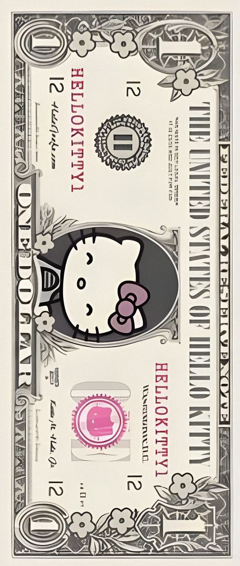 Mini Hello Kitty, Fake Money Printable Hello Kitty, Hello Kitty Dollar Bill, Hello Kitty Printable, Sanrio Dollar Bills, Money With Wings Drawing, Dollar Drawing, Hello Kitty Money Wallpaper, Sanrio Money