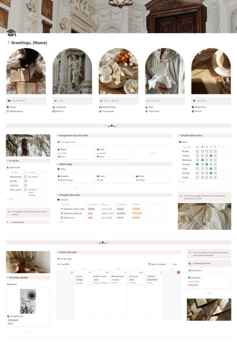 Light academia Notion template for students | Light Academia Notion Template, Notion Academia Template, Notion For School, Notion Dashboard Ideas Aesthetic, Notion University Template, Notion Monthly Planner, Notion School Templates, Dark Academia Notion Template, University Notion