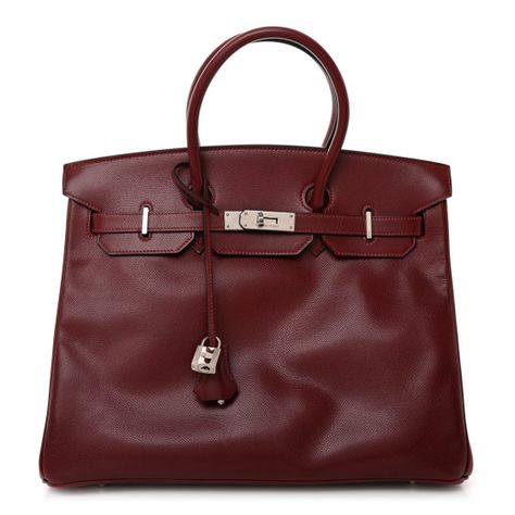 This is an authentic HERMES Courchevel Birkin 35 in Rouge H. This stylish tote is beautifully crafted of Courchevel calfskin leather in dark red. This bag features rolled leather top handles, a frontal flap and strap closure, palladium silver hardware including strap links, and a front turn lock with a padlock and a matching clochette for the keys. This opens the top flap to a matching leather interior with zipper and patch pockets. Birkin Bag Colors, Dark Red Bag, Red Birkin Bag, Birkin Purse, Hermes Bordeaux Birkin, Red Birkin, Luxury Red Bags With Leather Handles, Hermes Birkin Leather Types, Luxury Red Bag With Snap Closure