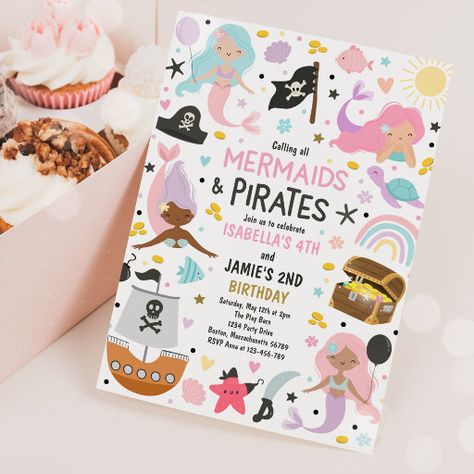 Mermaid And Pirate Birthday Party, Mermaids And Pirates, Shared Birthday Parties, Mermaid And Pirate, Pirate Birthday Party Invitations, Mermaid Pirate, Mermaid Pirate Party, Pirate Party Invitations, Sibling Birthday Parties