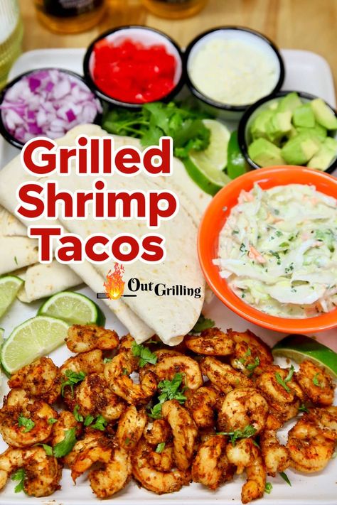 Grilled Shrimp Tacos are a tasty dinner for busy weeknights for a quick and healthy meal. Grilled shrimp with Tex-Mex spices topped with cilantro lime slaw. Grilled Shrimp Tacos Recipe, Spiced Shrimp, Grilled Shrimp Tacos, Lime Slaw, Grilled Chicken Tacos, Cilantro Lime Slaw, Shrimp Taco Recipes, Tasty Dinner, Shrimp Tacos