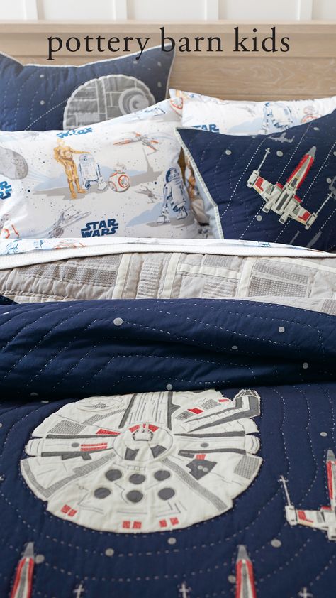 Bring intergalactic design to their sleep space with this cozy all-cotton quilt. Featuring the Millennium Falcon™ and a platoon of X-wing™ starfighters, it boasts an iconic Star Wars style. Crafted of cotton that’s certified by the Better Cotton Initiative, it’s STANDARD 100 BY OEKO-TEX® Certified to be tested against a list of over 350 harmful substances. Star Wars Bed, Star Wars Bedroom, Star Wars Room, Star Wars Kids, Millennium Falcon, Quilted Sham, Big Boy Room, Twin Quilt, Star Wars Darth Vader