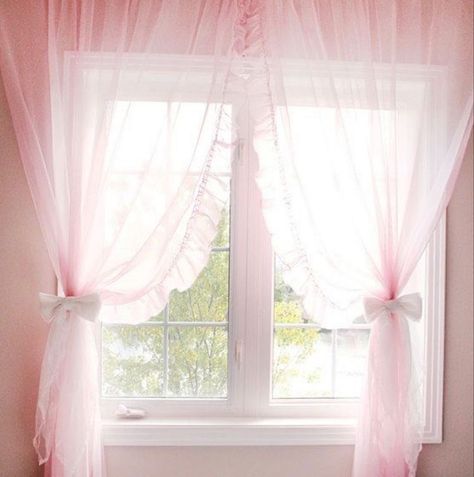 Pink Pastel Bedroom Aesthetic, Kawaii Curtains Bedroom, Princess Core Room Aesthetic, Croquette Room Decor, Pink Kawaii Room Ideas, Kawaii Curtains, Coquette Curtains, Lovecore Bedroom, Lovecore Room