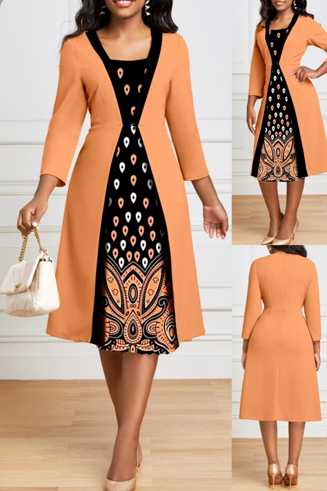 This midi-length dress has a unique patchwork design that looks like two pieces. The vibrant orange color and ombre tribal print make it stand out. It's perfect for work or other professional occasions. Made of 97% polyester and 3% spandex, it can be machined or hand-washed. Suitable for spring or autumn. Only one dress is included in the package. #workwear #workwearstyle #workwearfashion #officewear #workclothes #womenfashion #womenstyle #womenwear #womenclothing #beauty #ootd #outfitoftheday Beautiful Orange Dresses, Coat Dresses For Women, Ankara Agbada Styles For Women, Women Dresses Casual Summer, Casual Dresses Plus Size, Corporate Dress, Orange Dresses, Womens Trendy Dresses, Skater Skirts