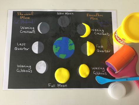 Playdough Moon Phases | Islam From the Start Moon Crafts For Kids, Moon Phases Activities, Stem Night, Moon Activities, About Moon, Moon Projects, The Moon Phases, Craters Of The Moon, Project Template