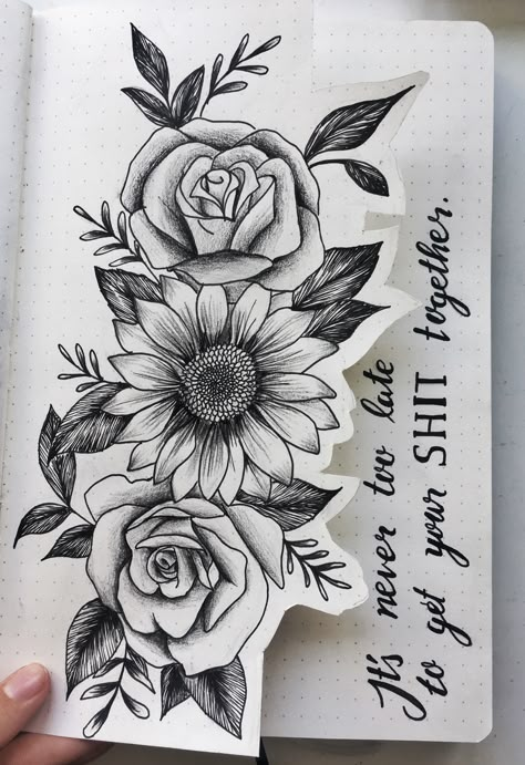 Sunflower Rose Tattoo Design, Single Flower Tattoo Designs, Rose And Daisy Tattoo Design, Sunflower Tattoo On Calf, Half Sunflower Half Rose Tattoo, Roses And Sunflowers Tattoo, Roses And Sunflowers Tattoo Half Sleeves, Disney Floral Tattoo, Women Forearm Tattoo Ideas