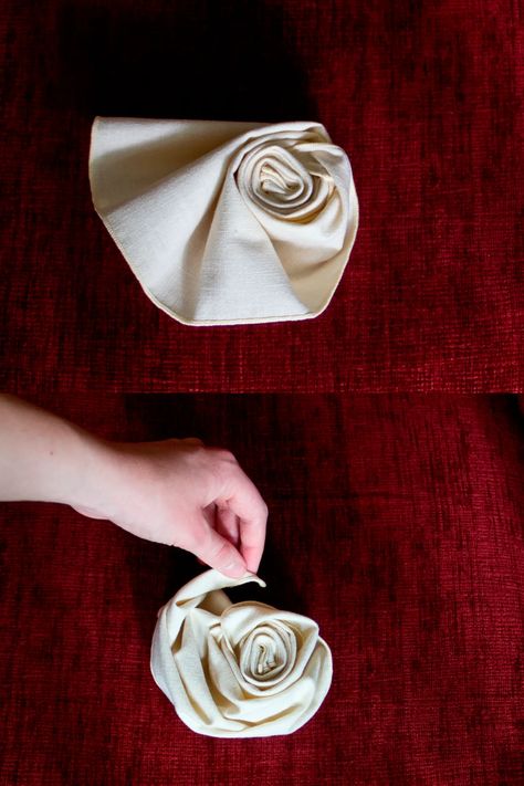 Rosette Napkin Fold, Folded Cloth Napkins Wedding, How To Fold Wedding Cloth Napkins, Coffee Cup Napkin Fold, Napkin Bowl Folding, Creative Ways To Fold Napkins, How To Fold Cheesecloth Napkin, Napkin Flowers Folding, Rose Folded Napkins