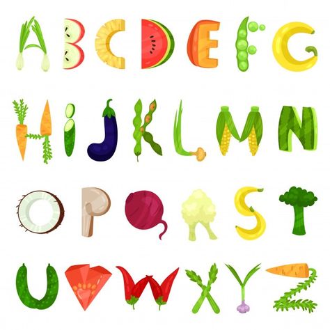 Fonts For Kids, Fruit Alphabet, Food Alphabet, Food Font, English Alphabet Letters, Vegetable Illustration, Object Drawing, Lettering Alphabet Fonts, 카드 디자인