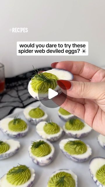 Recipes on Instagram: "These Spider Web Deviled Eggs are frightfully delicious & perfect for spooky season 🕷️

Ingredients:
-12 eggs, hard boiled
-1 tbsp. purple food dye
-6 tbsp. mayo
-2 tsp. Dijon mustard
-1/2 tsp. paprika
-salt to taste
-green food dye

#spiderwebdeviledeggs #deviledeggs #halloween #halloweenrecipes #eggs #spiderweb" Spider Devilled Eggs, Spiderweb Hard Boiled Eggs, Spider Web Deviled Eggs, Halloween Deviled Eggs Eyeballs, Spiderweb Deviled Eggs, Monster Deviled Eggs, Halloween Deviled Eggs, Holiday Themed Desserts, Purple Instagram