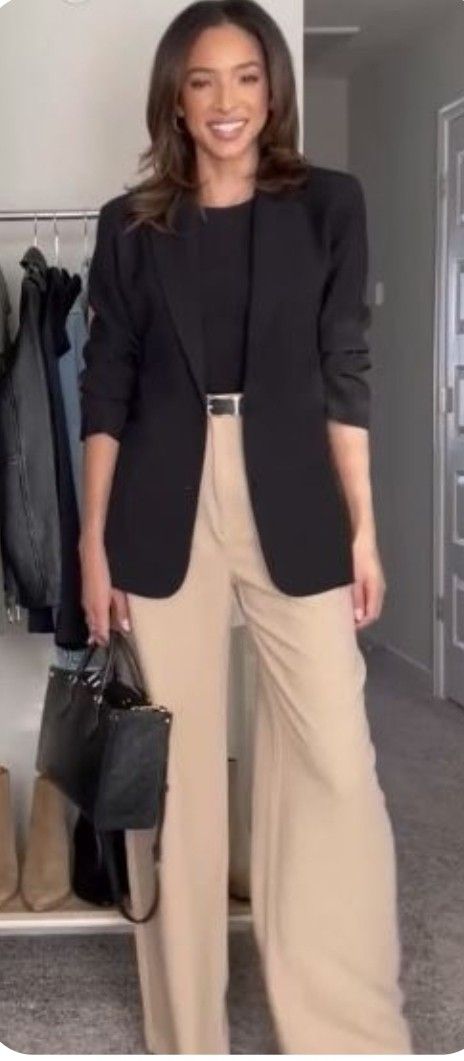 Black And Cream Outfits Classy, Womens Beige Outfit, Spring Outfits Dinner Casual, Wide Leg Trousers With Blazer, Blazer With Trousers Women, Old Money Aesthetic Outfit Dinner, Wide Leg Pants Outfit With Jacket, Wide Leg Pants Blazer Outfit, Spring 2024 Business Outfits