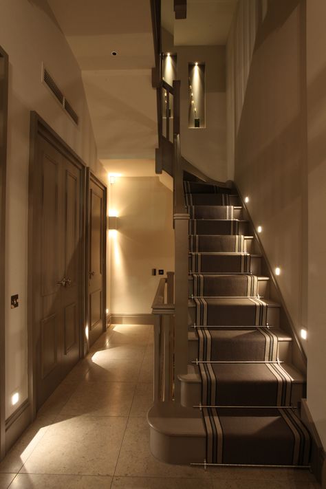 A common mistake when #installing #staircase #lighting is to forget the potential glare that will be caused when #walking up the #stairs. Well-designed #marker #lights will avoid this by being well #recessed into the #wall. For more #tips and #tricks when it comes to #staircase #lighting, take a look at our feature. Stairway Lighting Ideas, Basement Stair Lighting, Staircase Lighting Ideas, Stairway Lighting, Stair Lights, Loft Stairs, Stair Remodel, Stairway Design, Staircase Lighting