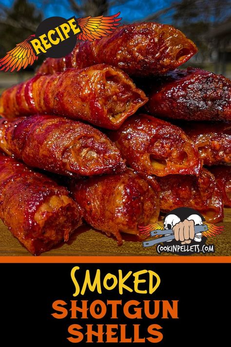 Smoked Shotgun Shells in a pile on a cutting board Grilling Appetizers, Smoked Shotgun Shells, Pit Boss Pellet Grill Recipes, Manicotti Shells, Grilled Appetizers, Bbq Appetizers, Wrapped In Bacon, Pellet Grill Recipes, Traeger Recipes