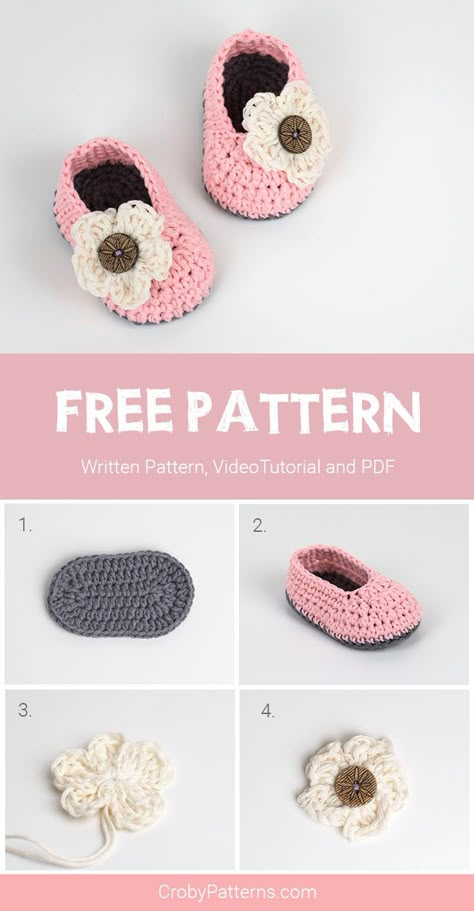 FREE PATTERN: Crochet Baby Booties With Flower | Croby Patterns Crochet Footwear, Crochet Baby Shoes Free Pattern, Projek Mengait, Crochet Baby Booties Free Pattern, Converse Baby, Crocheted Slippers, Baby Booties Free Pattern, Baby Shoes Diy, Crochet Baby Booties Pattern