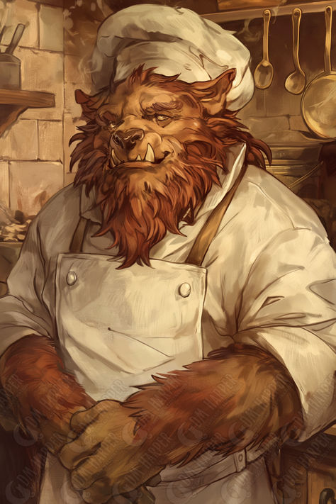 Chef Borbo, Bugbear Chef, Starfire Mansion, Rock of Bral, Spelljammer Dnd Studded Leather Armor Female, Dnd Fisherman Art, Bartender Fantasy Art, Bugbear Wizard, Punk Dnd Character, Dnd Locathah, Eberron Character Art, Fat Dnd Character, Bugbear Druid