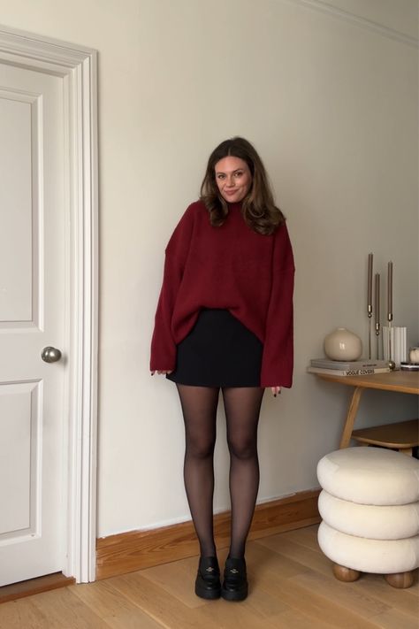 The A&F Scarlett Mini Skort curated on LTK Valentines Day Outfits Midsize, Mid Size Date Outfits, Red Sweater And Black Skirt Outfit, Black Skort Outfit Party, Black Mini Skirt Tights Outfit, Winter Miniskirt Outfit, Skort Black Outfit, Winter Outfit Skirt Tights, Maroon Mini Skirt Outfit