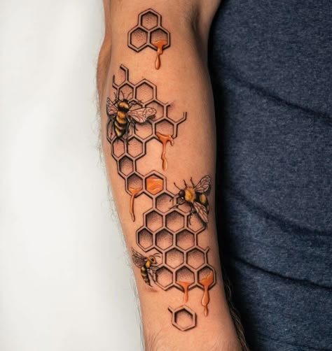 Honeycomb Tattoos, Bees Tattoo, Bee And Flower Tattoo, Hexagon Tattoo, Honey Bee Tattoo, Honeycomb Tattoo, Bumble Bee Tattoo, Abstract Tattoo Designs, Army Tattoos