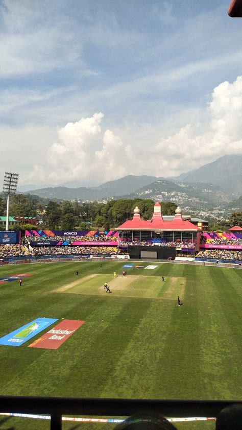 Himachal Pradesh Cricket Association Stadium (the HPCA Stadium) is an international cricket stadium located in the lap of Himalayas in Dharamshala, Himachal Pradesh, India. The stadium is the home ground of Himachal Pradesh cricket team, Himachal Pradesh women's cricket team and headquarter of Himachal Pradesh Cricket Association, the governing body of cricket in Himachal Pradesh state. It has hosted a number of international cricket events including matches of 2023 ODI World Cup. I took this picture on October 28, 2023 Australia Vs New Zealand and man what a match it was! There was an anticipation upto the last ball as to who will win and that is the beauty of sports, no war, no religion, no weapon, no politics could exercise so much control and mesmerise at the same time the human minds.