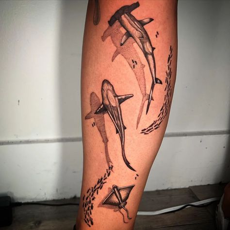 ocean bottom tattoo shark tattoo Small Shark Tattoo Men, Leg Sleeve Ocean, Leg Tattoos Nature, Bottom Tattoo, Leg Tattoos For Women, Leg Tattoo Designs, Tattoo Shark, Lower Leg Tattoos, Shark Tattoo