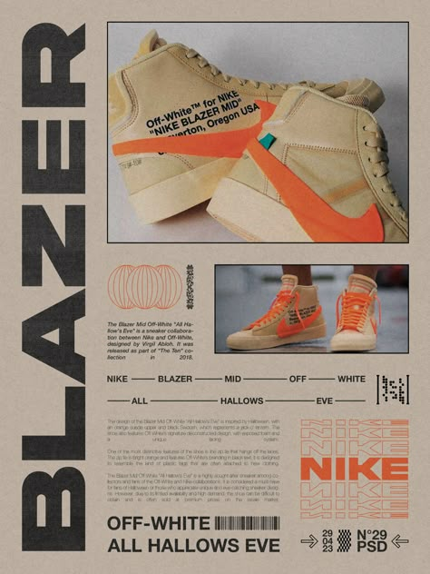 Nike Blazer Poster, Street Wear Poster Design, Minimalist Brutalist Graphic Design, Streetwear Magazine Design, Nike Poster Design Graphics, Graphic Design For Products, Nike Design Poster, Postmodern Graphic Design, Graphic Design Shoes