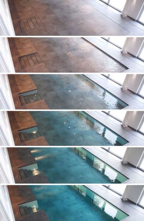 Walk on Water: Hydro-Floors Hide Secret Swimming Pools | Urbanist Hidden Pool, Weird Gadgets, Piscina Interior, Indoor Swimming Pool, Floor Sink, Radiant Floor, Indoor Swimming, Cool Pools, Indoor Pool