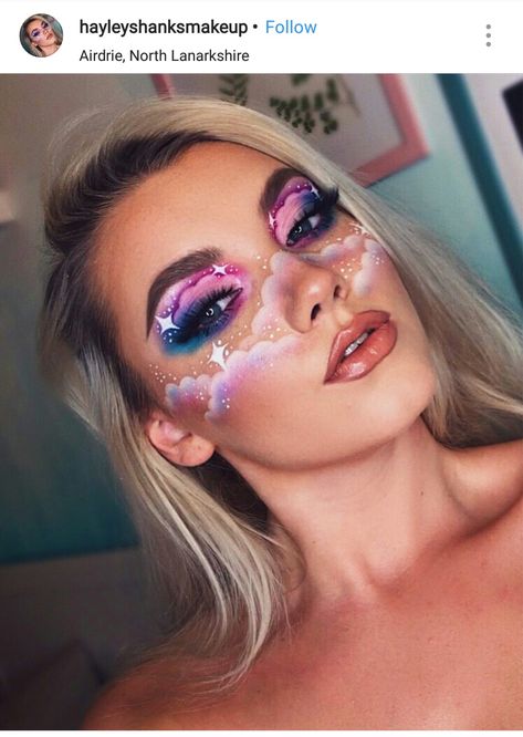 cloud makeup Cloud Halloween Makeup, Cloud Blush Makeup, Sky Makeup Look, Cloud Face Paint, Cloudy Makeup, Cloud Makeup, Makeup Reference, Festive Makeup, Face Ideas