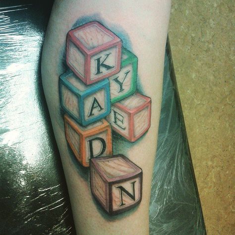 Building Blocks Tattoo, Blocks Tattoo, Diamond Tattoo Designs, Hip Thigh Tattoos, Diamond Tattoos, Name Tattoo Designs, Thigh Tattoos Women, Leg Tattoo, Kids Names