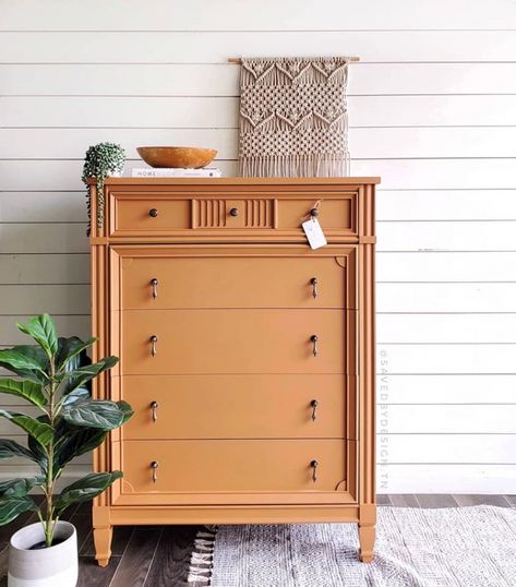 What Color Should I Paint My Dresser, Furniture Dressers, Vintage Dresser Flip, Repaint Dresser Ideas, Burnt Orange Painted Furniture, Terracotta Dresser, Refurbish Dresser, Colored Dressers, Terracotta Dresser Diy